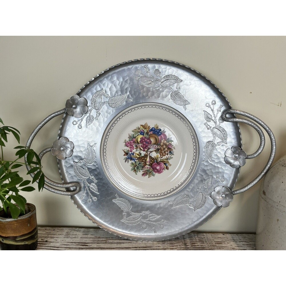 Wrought Farberware Aluminum Footed Fruit Bowl with Limoges Insert 16” x 22”